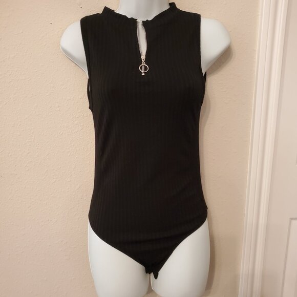 Women Sleeveless Knit Bodysuit Black Color 1/4 Zip up front closure. Mock Neck. - Picture 1 of 12